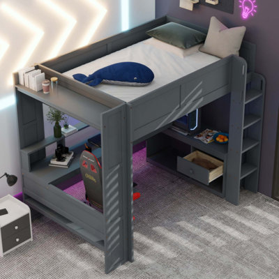 Lit mezzanine en bois avec bureau, tablettes multiples, DEL et station de charge