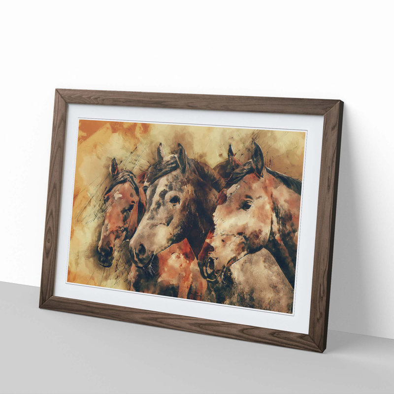 Trio of Horses in Abstract - Picture Frame Painting Print, 35cm H x 50cm W x 2cm D, Walnut