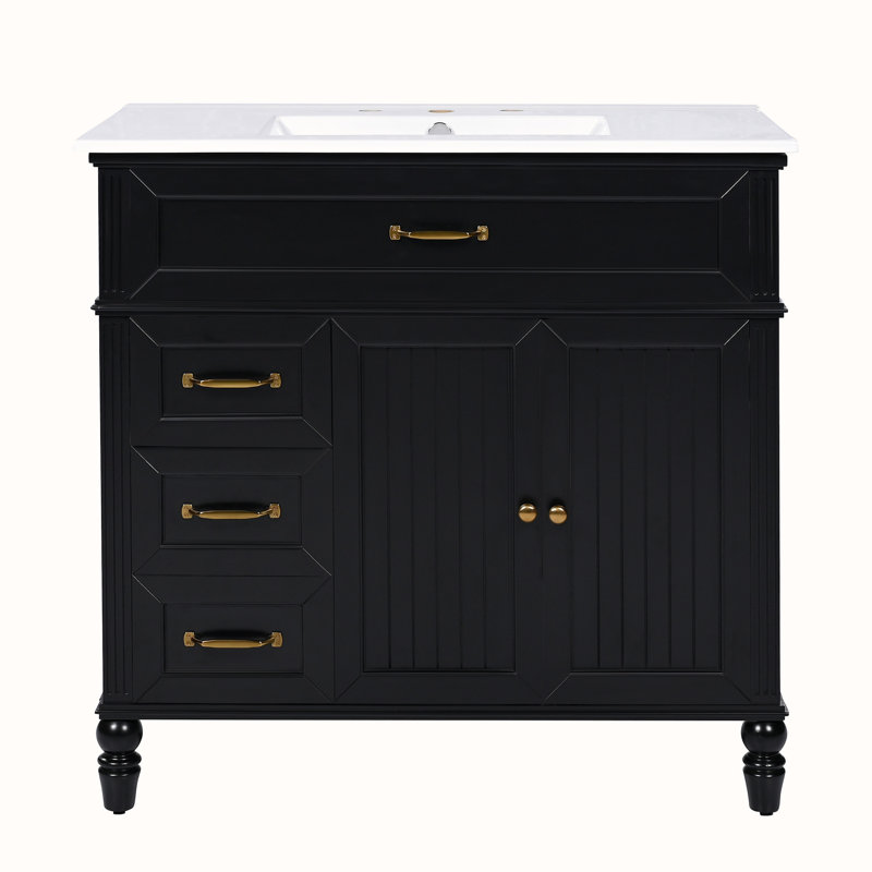 Meuble-lavabo avec lavabo et armoire avec tiroirs, Noir, noir, noir, noir, Doré