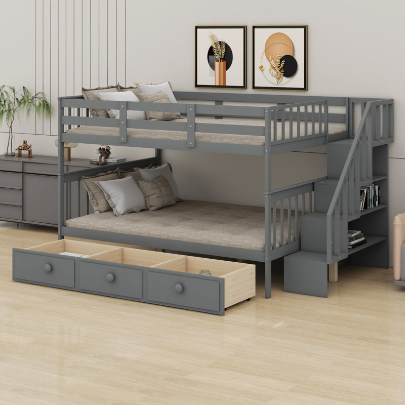 Lit superposé avec tiroir, rangement et garde-corps pour la chambre à coucher, Gris