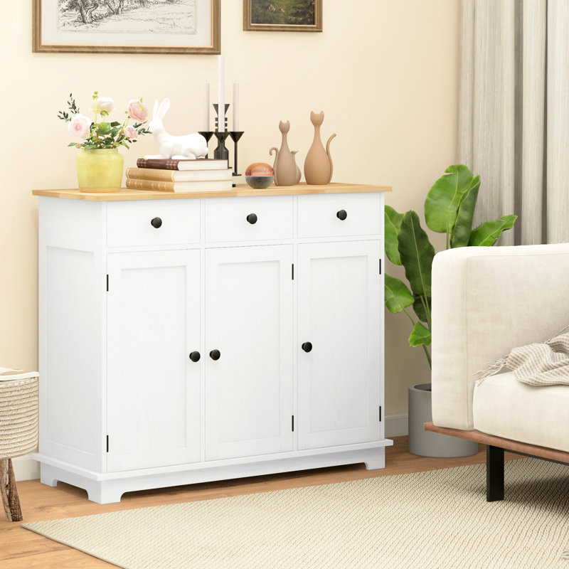 Buffet - Comptoir en bois massif, 3 tiroirs, portes, armoire de rangement moderne à tablette réglable pour meubles de balcon