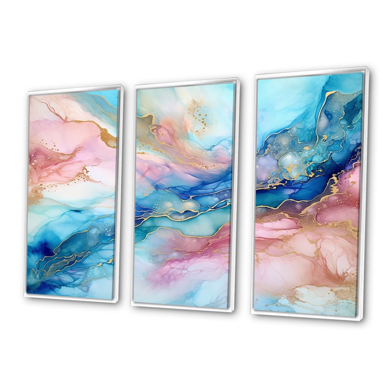 «Pink and Blue Glacier Sunrise I», ensemble d'art mural sur toile à formes abstraites, H 28 po x l 36 po x P 1 po