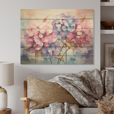 Rose et mauve, Hortensia, collage moderne - fleurs, art mural sur bois de pin naturel