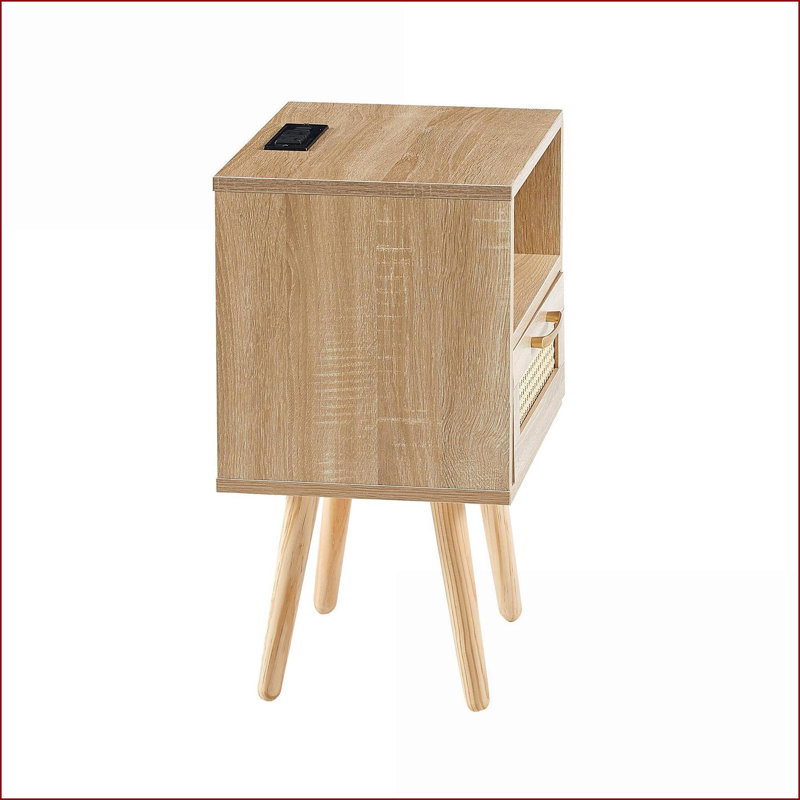 Table basse moderne en rotin naturel avec Power & amp; USB, pieds en bois massif pour le salon, Bois naturel