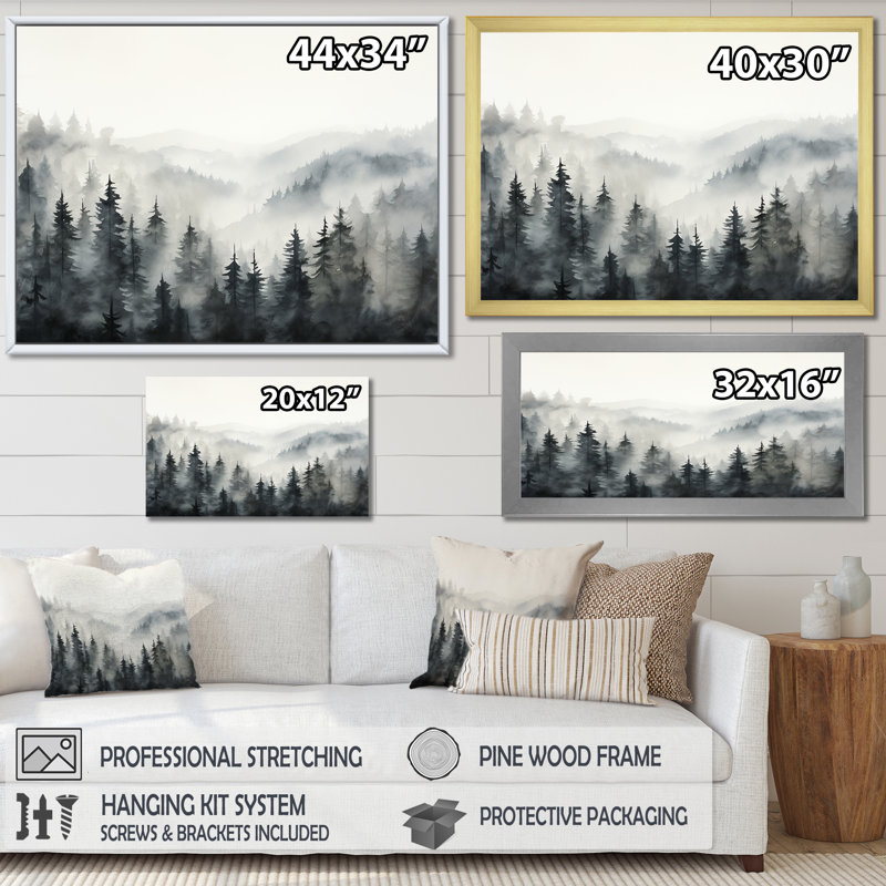 «Gray Misty Morning Forest Horizon», art mural encadré forêt, H 12 po x l 20 po, Cadre flottant noir