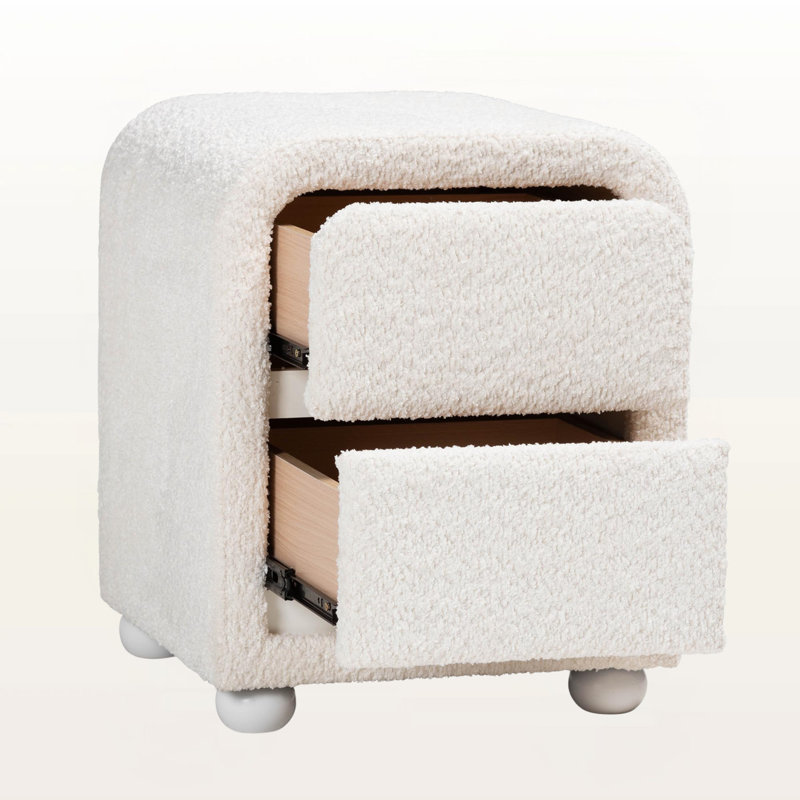 Adam 2-Drawer White Upholstered Modern Nightstand With Round Leg, 19.82" H X 16.21" W X 16.21" D