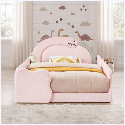 Lit double en forme de dinosaure avec barrière de sécurité, cadre en bois massif, tissu bouclé, rose