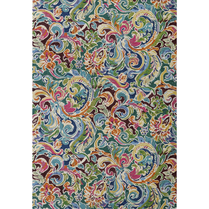 Tapis bourgogne / bleu / vert en laine touffeté à la main Soiree, Rectangulaire 9 pi x 13 pi