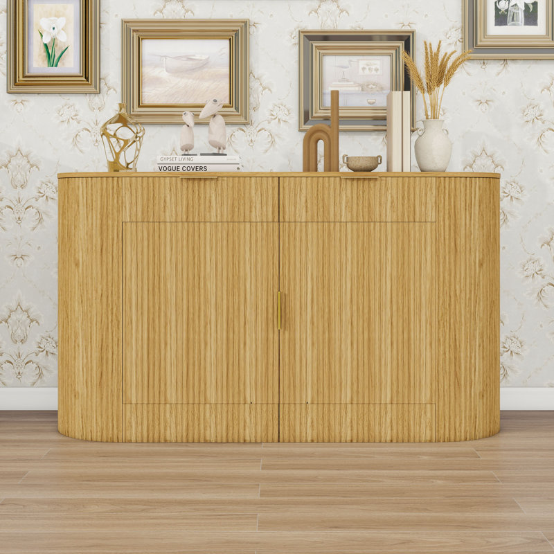 2-Drawer Sideboard with Curved Doors and 3-Tier Shelves for Living Room, Natural