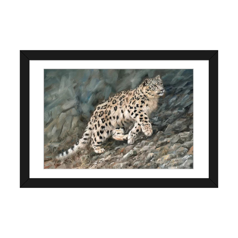 « snow leopard jambage », reproduction d’impression sur toile, H 16 po x l 24 po x P 1 po, Papier d'art encadré noir, Blanc
