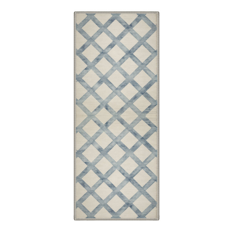Lattice Geometric Machine Washable Beige / Blue Indoor Area Rug with Non-Slip Backing, Rectangle 9' x 12'