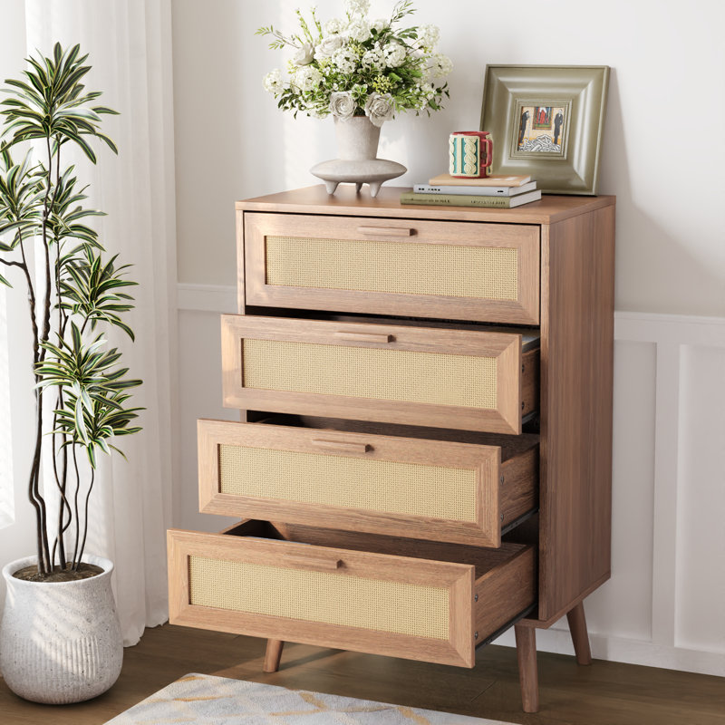 4-Drawer Dresser with Solid Wood Legs, Light Walnut