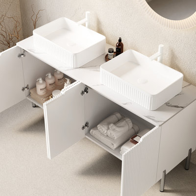 60" White Bathroom Vanity With French Romantic Style, 2 Striped Rectangular Ceramic Basins, Counter, 4 Doors, Soft Close System, Large Storage For Bathroom, Modern Design, High - Quality Cabinet, No