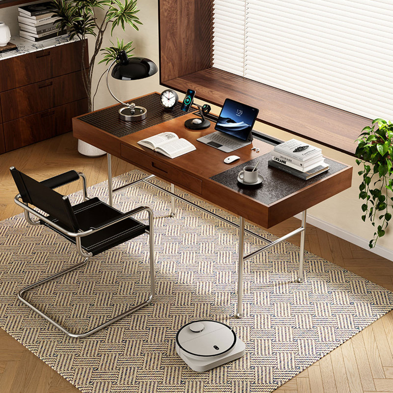 Brown+Black+Silver Rectangular Solid Wood+Glass+Stainless Steel desks, 29.53" H x 70.87" W x 27.56" D