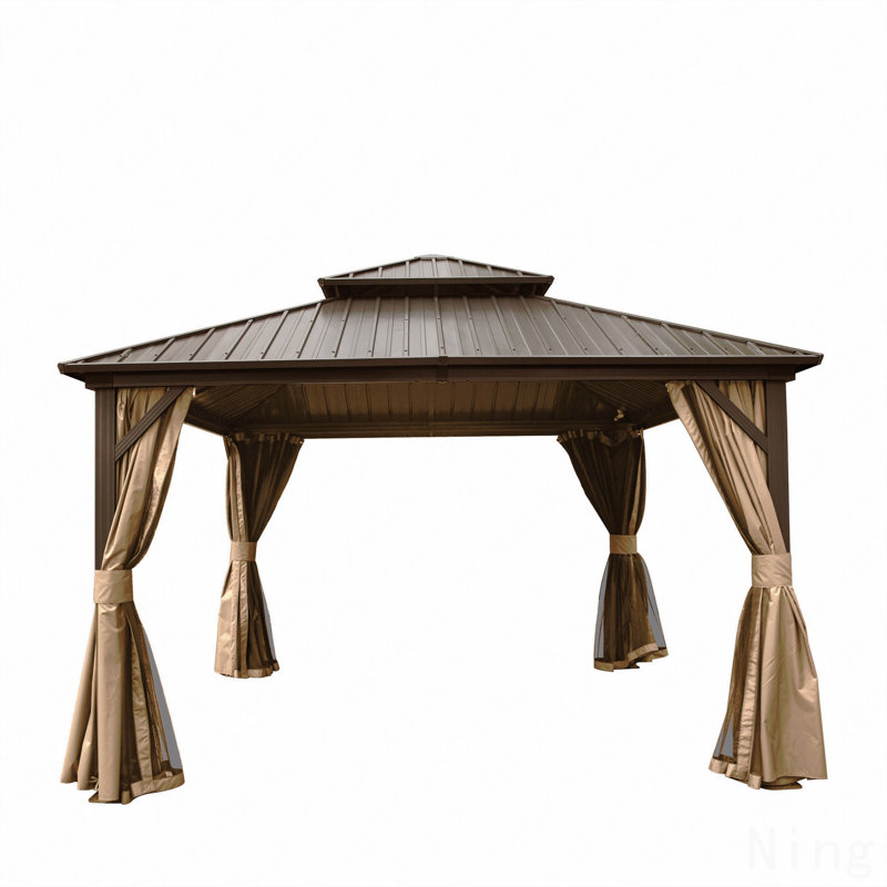 12X12FT Gazebo Aluminum, Mosquito Net For Party Use With Galvanized Steel Double Roof (Brown)