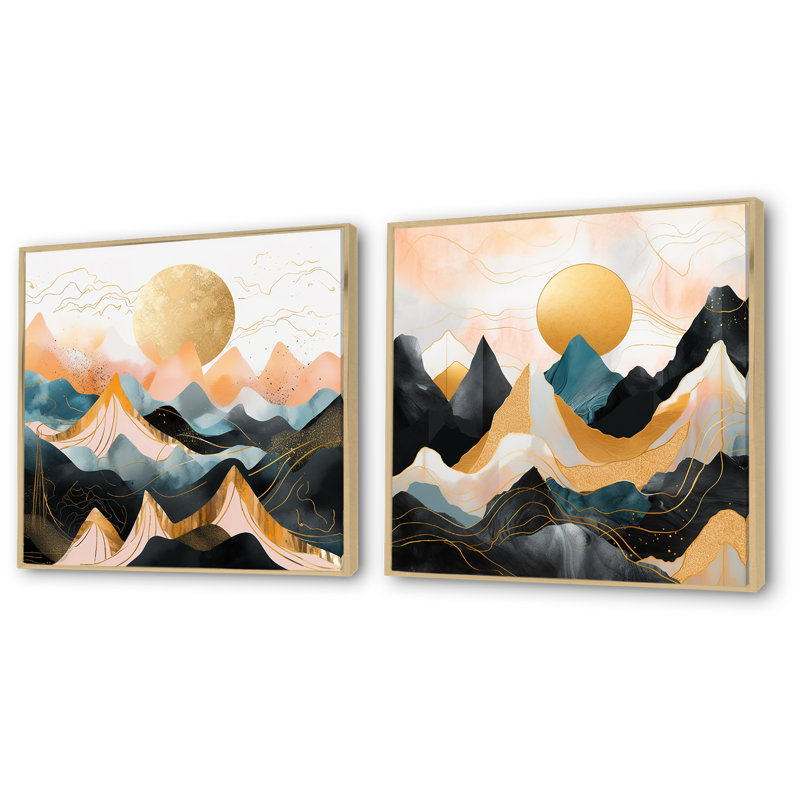 Ensemble de 2 décorations murales roses et dorées «Bold Landscape I - Mountains», Cadre flottant brun