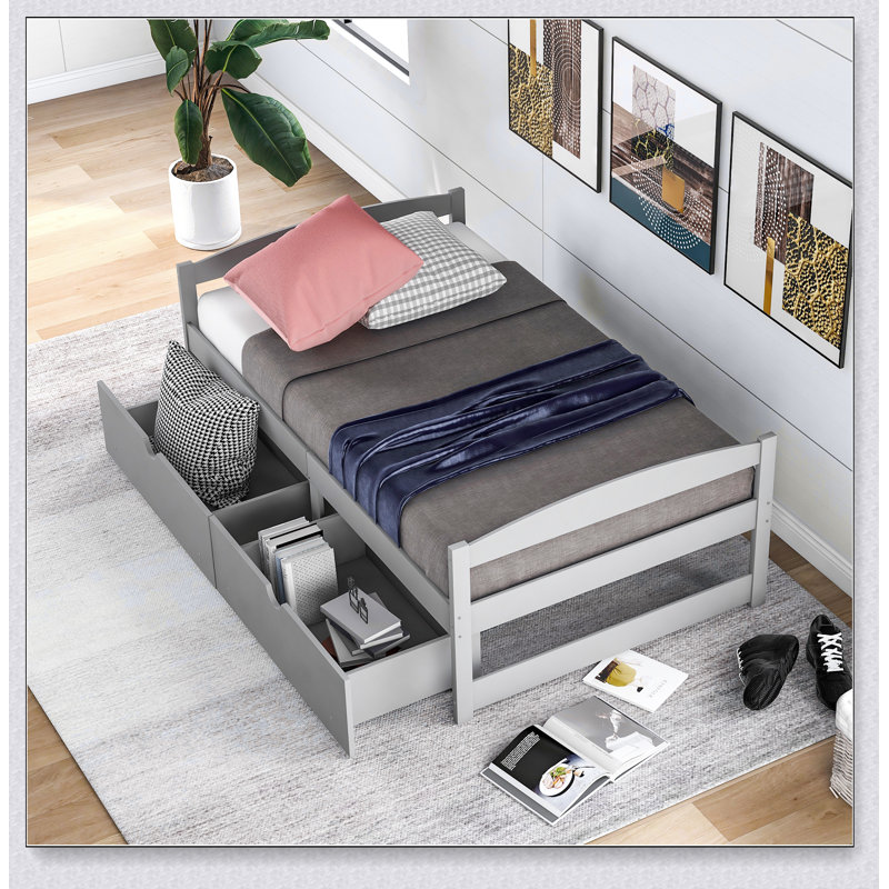 Lit plateforme avec deux tiroirs, Gris