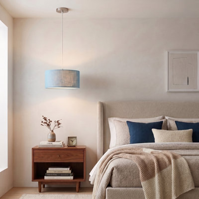Luminaire suspendu Dinardo, abat-jour tambour en lin avocat, nickel satiné, intensité variable, ampoule incluse