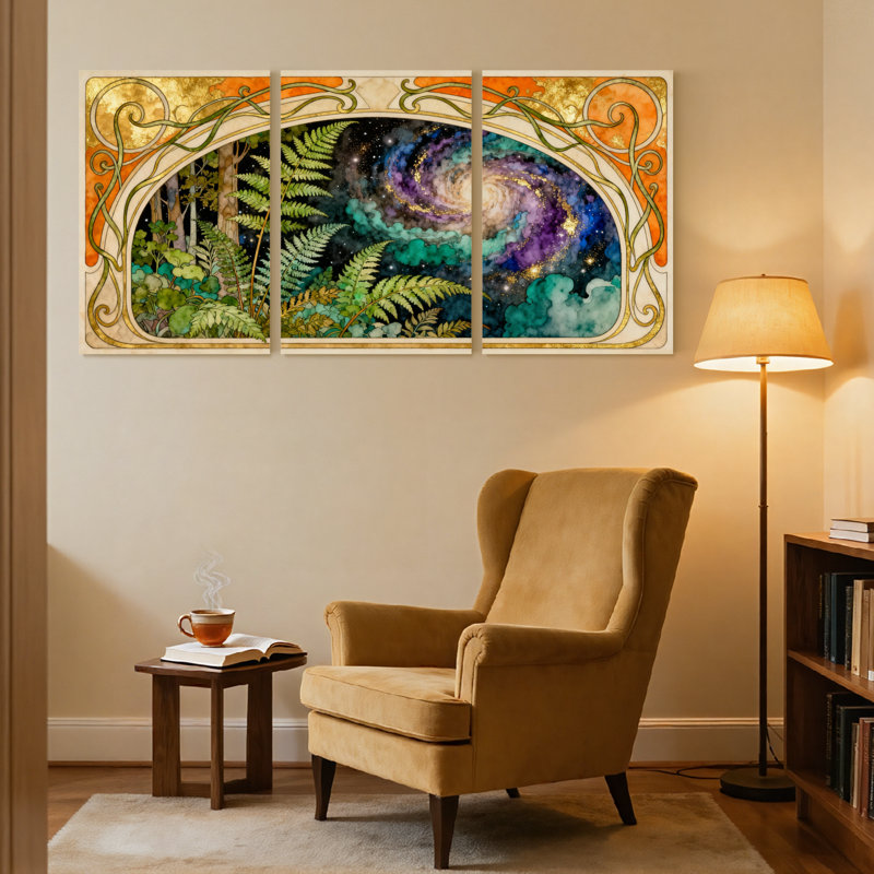 Forêt fantastique et galaxie, ensemble de 3 reproductions d'art sur toile, H 36 po x l 72 po