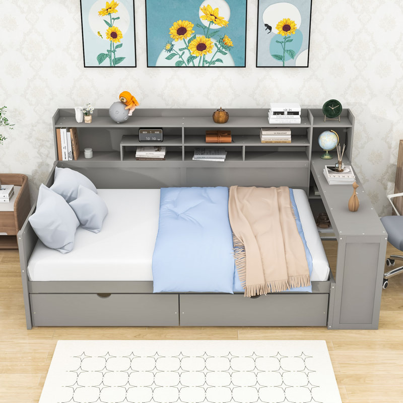 Wooden Daybed with 2 Drawers Storage and Built-in-Desk, Full/Double