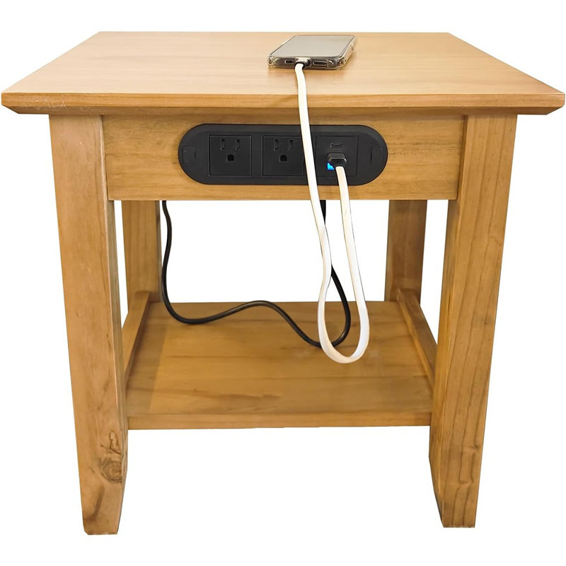 Table de bout en bois massif avec station de charge, noyer clair