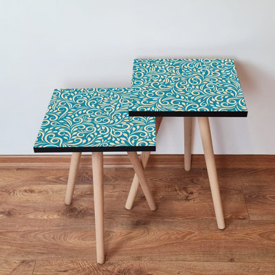 Tables gigognes modernes (2 pièces), bleu et blanc, 13,8 po x 18,5 po x 13,8 po | 100% panneau de fibres à densité moyenne avec pieds en bois de hêtre, épaisseur: 0,7 pouce | Conception florale élégante, parfaite pour le salon et la décoration intérieure, solution peu encombrante