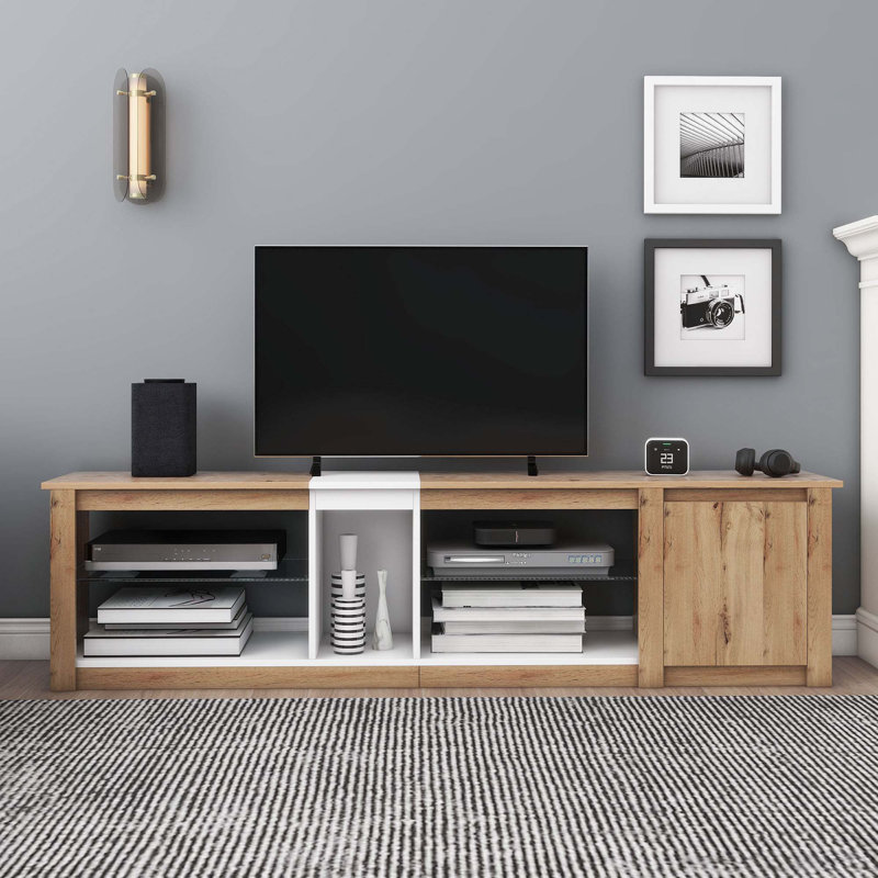 Meuble télé 60 po, rangement multifonctionnel, Blanc/naturel