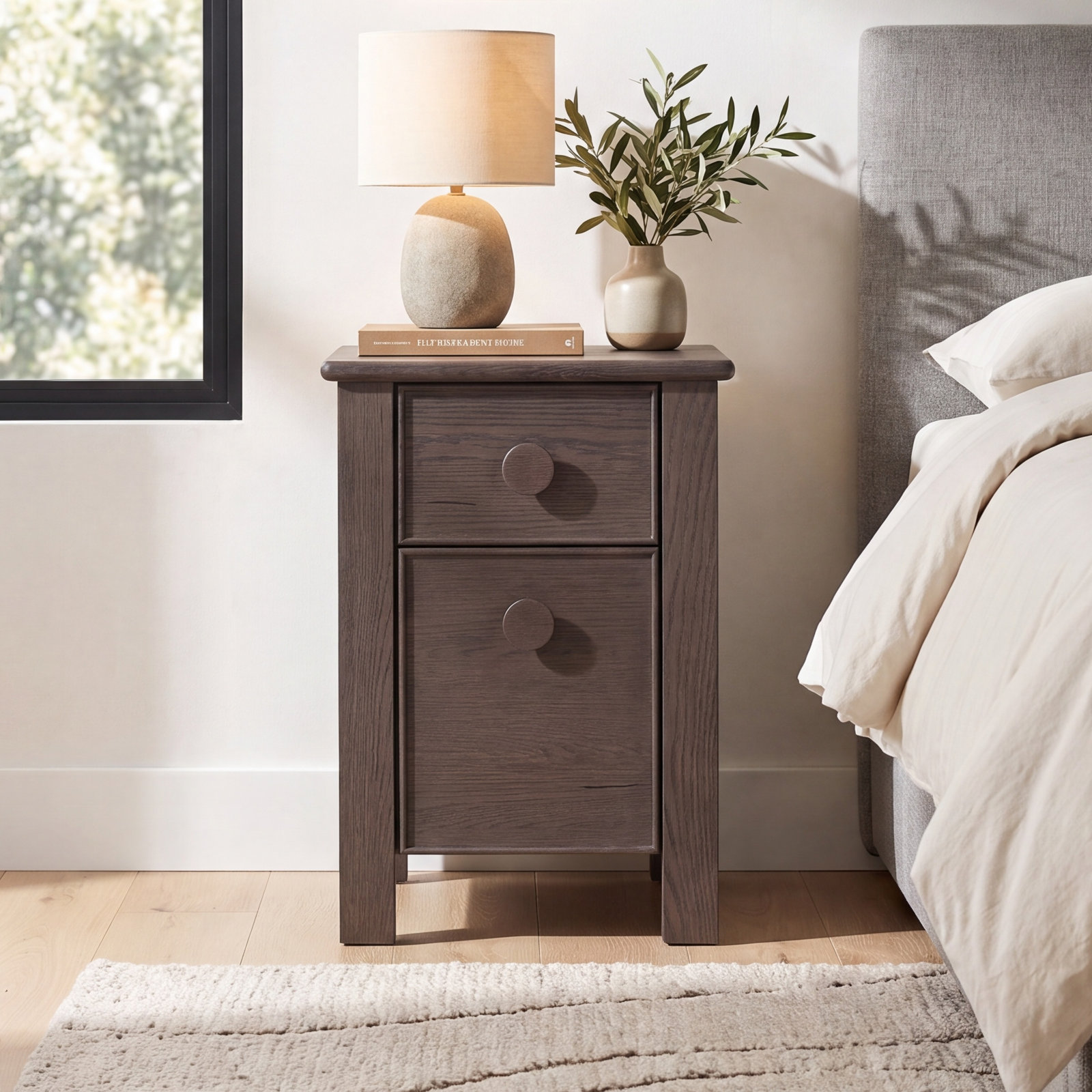 Small Oak Nightstand, Dark Brown