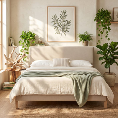 Modern Minimalist Upholstered Bed, King, Beige Linen