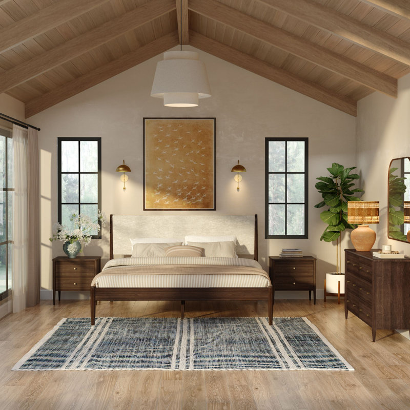 Harbor King Bed with Upholstered Headboard, Walnut/Swiss Coffee, Walnut, King