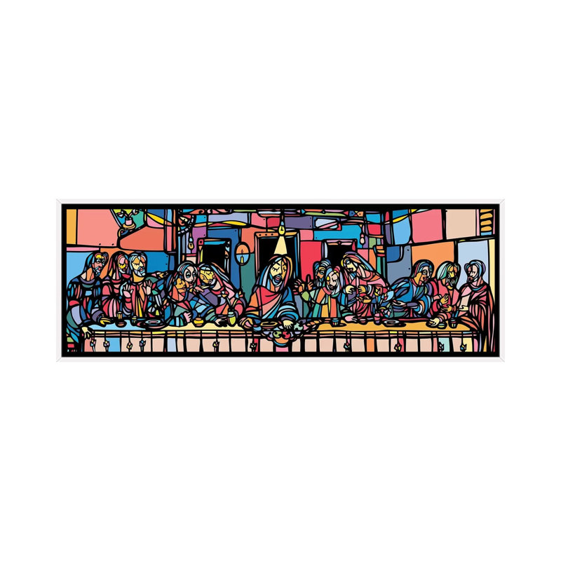 La Cène par Ninhol - impression panoramique, Cadre blanc, H 24 po x l 72 po x P 1,5 po