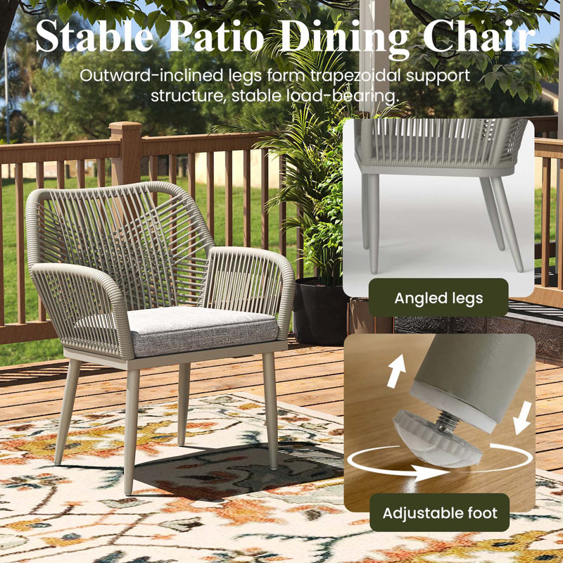 Patio Dining Armchair with Cushion, Light Grey, 4, White