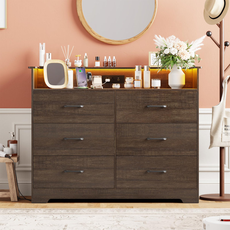 Large commode double large, commode de chambre moderne à 5/6/7 tiroirs avec lumière DEL et station de charge, grand meuble télé avec rangement