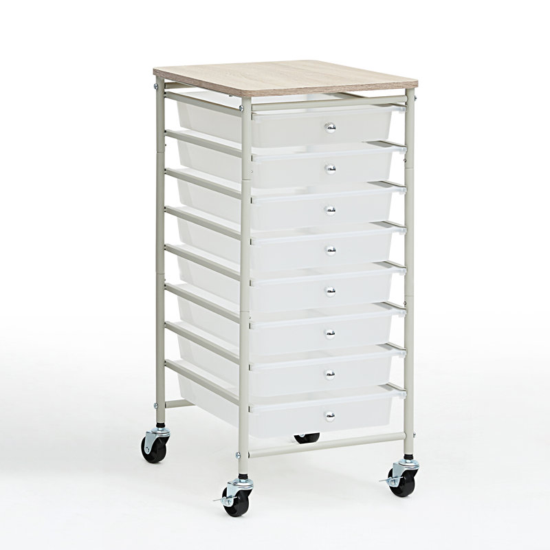 Nisean Under Desk Storage Mobile Utility Cart with Wooden Top and 8 Drawers, White