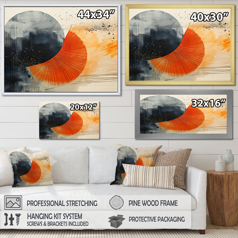 «Black and Orange Solar Eclipse», reproduction d'art murale abstraite, Cadre flottant doré, H 24 po x l 32 po x P 1 po