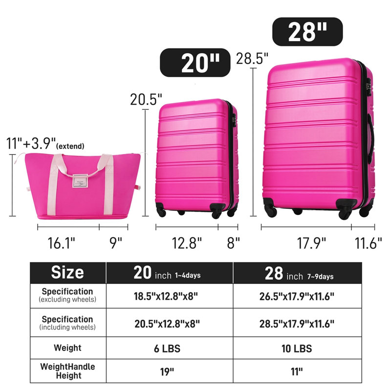 Valise Hardshell 2 pièces + valise à roulettes avec verrou TSA léger 20 po + 28 po