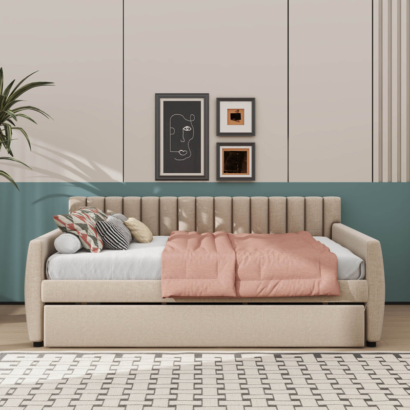 Full-Sized Fabric Daybed Featuring A Built-In Roll-Out Trundle, Beige