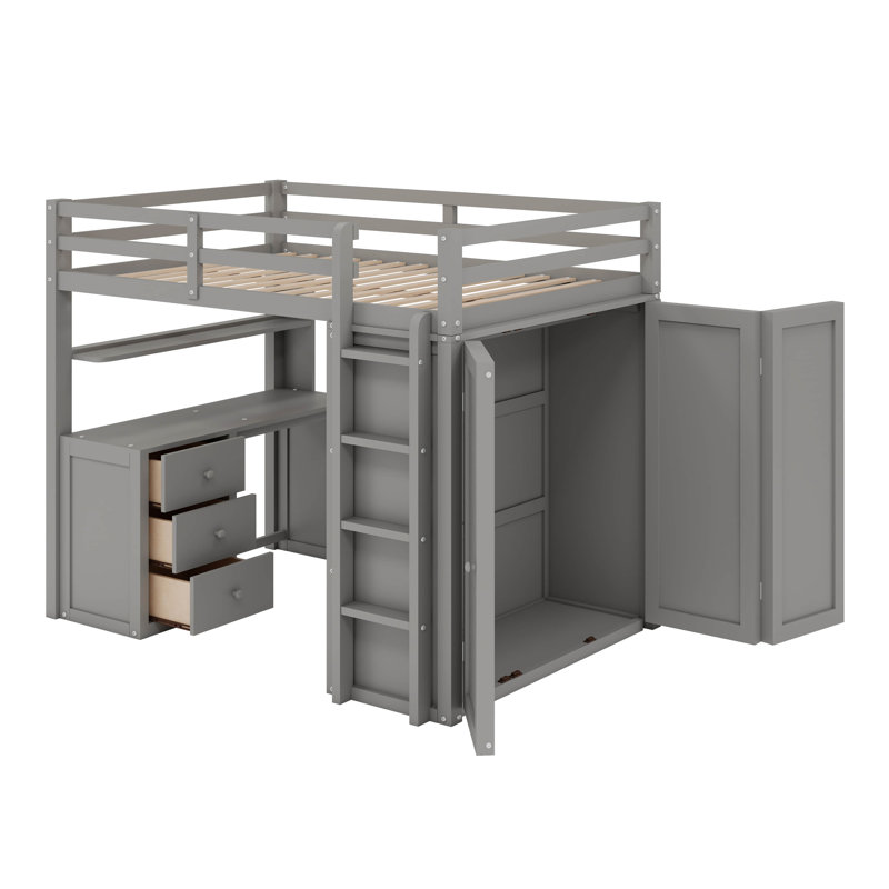 Lit mezzanine double avec tiroirs, bureau et garde-robe, Gris