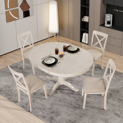 Kawliga 5-Piece Dining Table Set, Two-Size Round To Oval Extendable Wood Dining Table and 4 Upholstered Dining Chairs