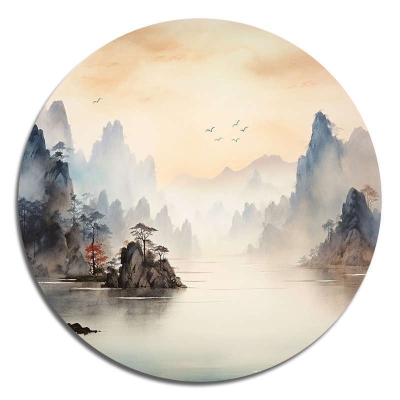 Gris sérénité, paysage chinois sérénité II - paysages ronds, art en métal, H 29 po x l 29 po