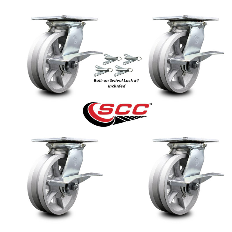 6 Inch V Groove Semi Steel Caster Set with Ball Bearings and Brakes/Swivel Locks