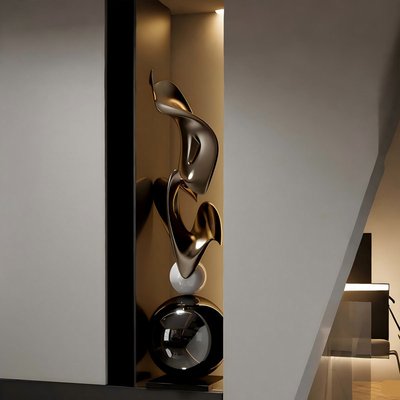 31.5"Modern Geometric Electroplated Art Sculpture, White/Gold/Black