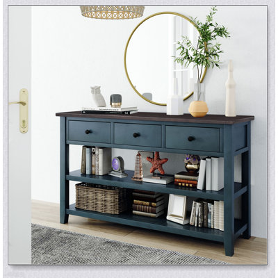 Console rétro avec deux tablettes ouvertes, structure en bois de pin massif et pieds pour le salon