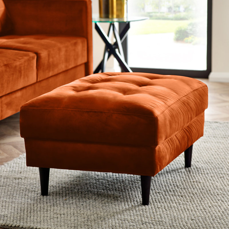 Jodi Velvet Footstool - Upholstered Modern Retro Fabric Stylish & Contemporary, Orange