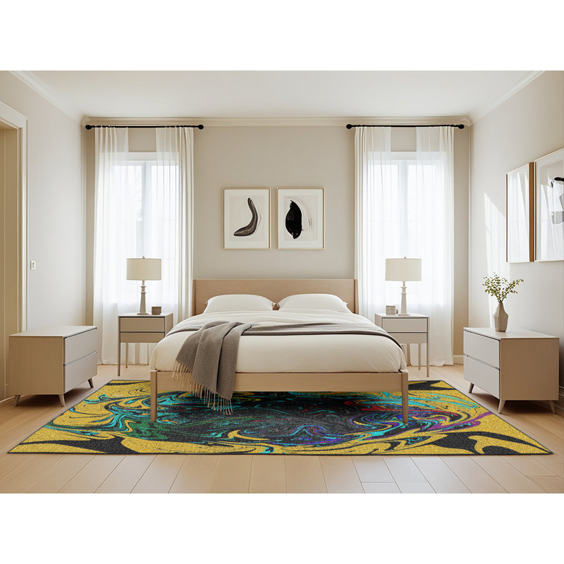 Tapis abstrait bleu / jaune, Rectangle 5 pi x 8 pi