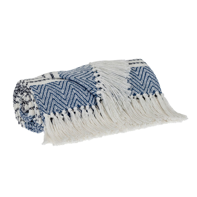 Jeté rayé en coton tissé bleu