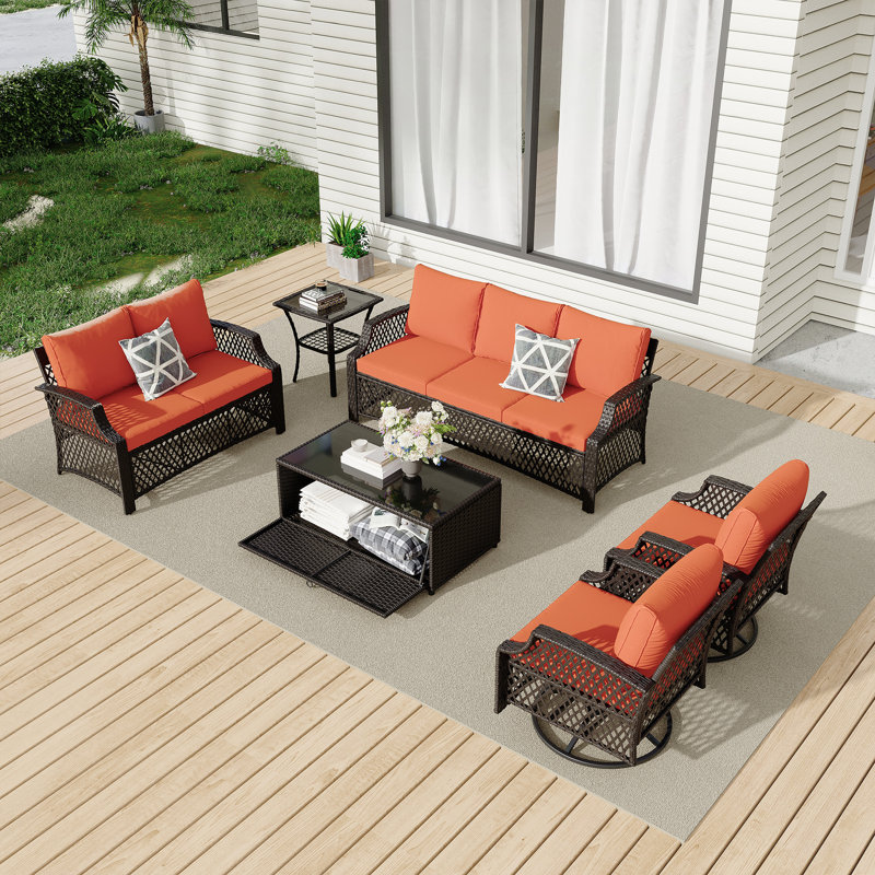 6 Piece Patio Furniture Set, Wicker Outdoor Conversation Sofa Set With Swivel Chairs, Loveseat, Storage Coffee Table, Orange