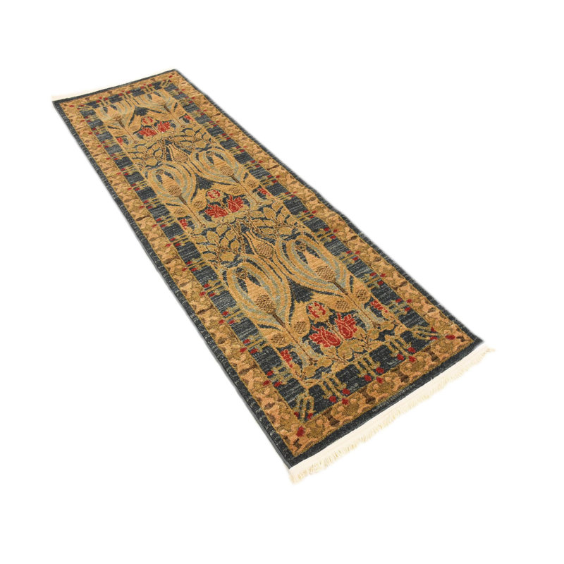 Tapis carré en polypropylène tissé à la machine en rouge / brun / bleu Akane, Tapis de couloir 2 pi x 8 pi
