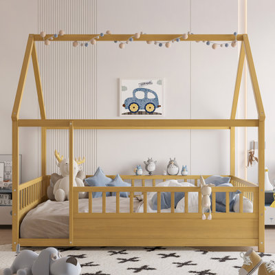 Floor Wooden Bed With House Roof Frame, Fence Guardrails