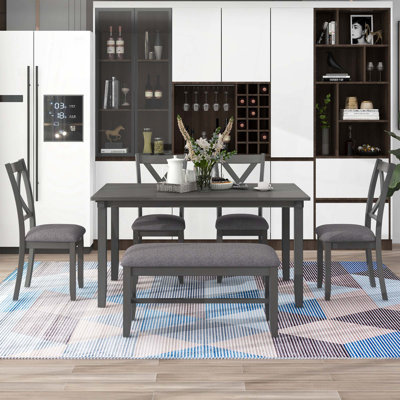 Ensemble de 6 tables de salle à manger en bois, 4 chaises en tissu et banc